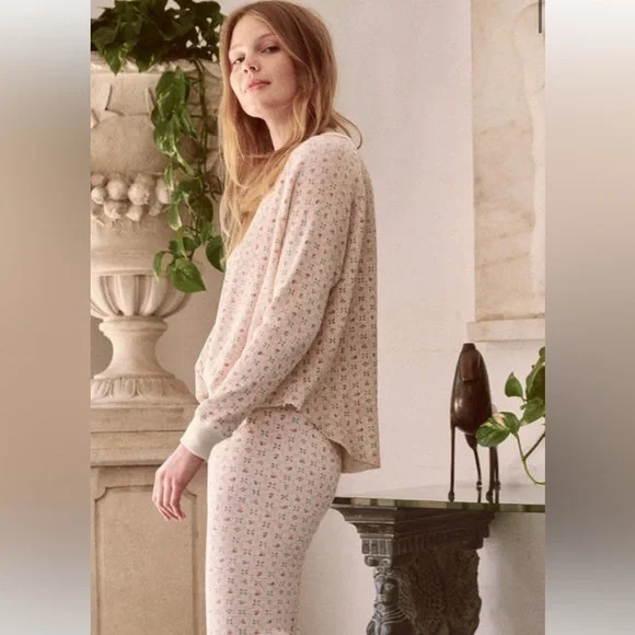 THE GREAT. Floral Long Sleeve Tee - Cream and Pink - Picture 2 of 6